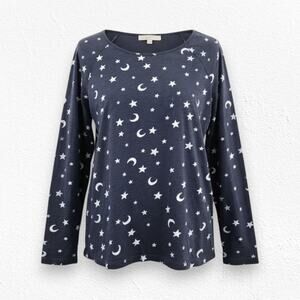 LOFT Navy Moon & Stars Long Sleeve Tee Soft Print Shirt Cotton Top Size Medium